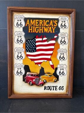 Vintage Style Framed Route 66 “America’s Highway” 3-D Rustic Wood Wall Plaque